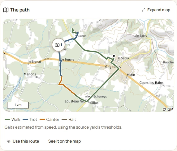 A ride map in Paddoco, with the track and paces shown in colour.