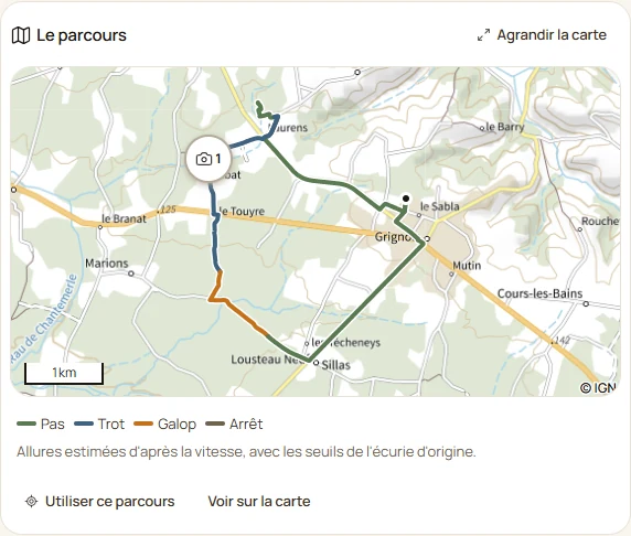 La carte d'une balade dans Paddoco, avec la trace et les allures en couleur.