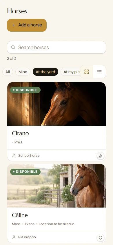Cirano and Câline: horse records with their portrait photos.
