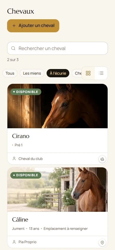 Cirano et Câline : les fiches des chevaux illustrées par leurs portraits.