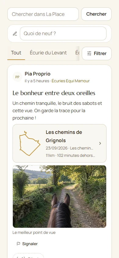 Une publication de démonstration sur La Place, avec photo et lien vers la balade.