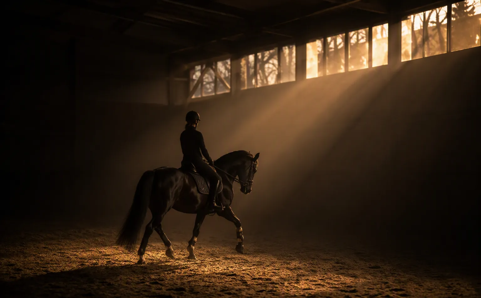 Un cavalier travaille son cheval au trot dans la pénombre dorée d'un manège