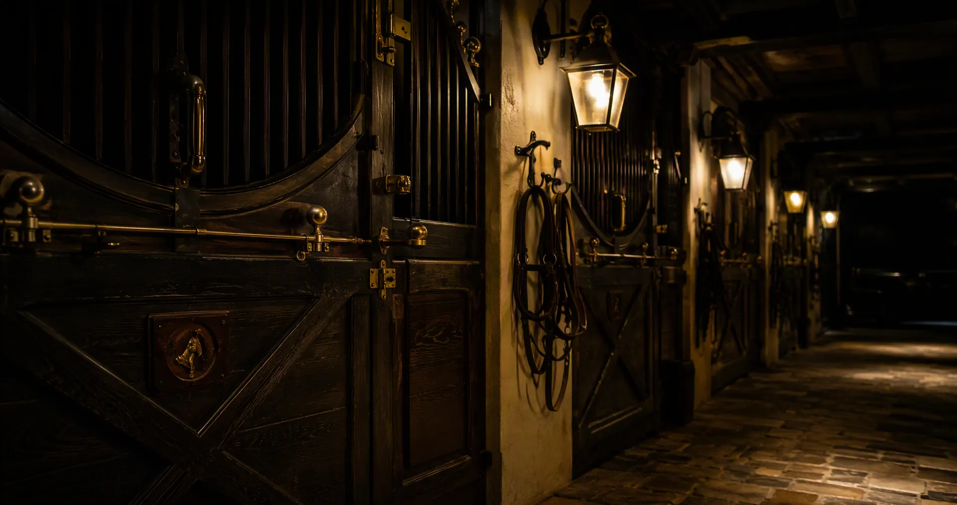 Le corridor d'une écurie de caractère, la nuit&nbsp;: boxes en bois sombre, laiton et lanternes chaudes