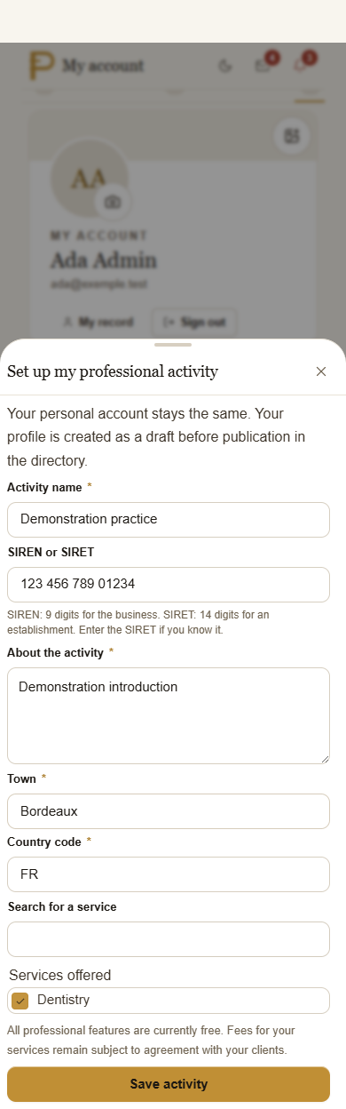 The business declaration form with the registration number and services.