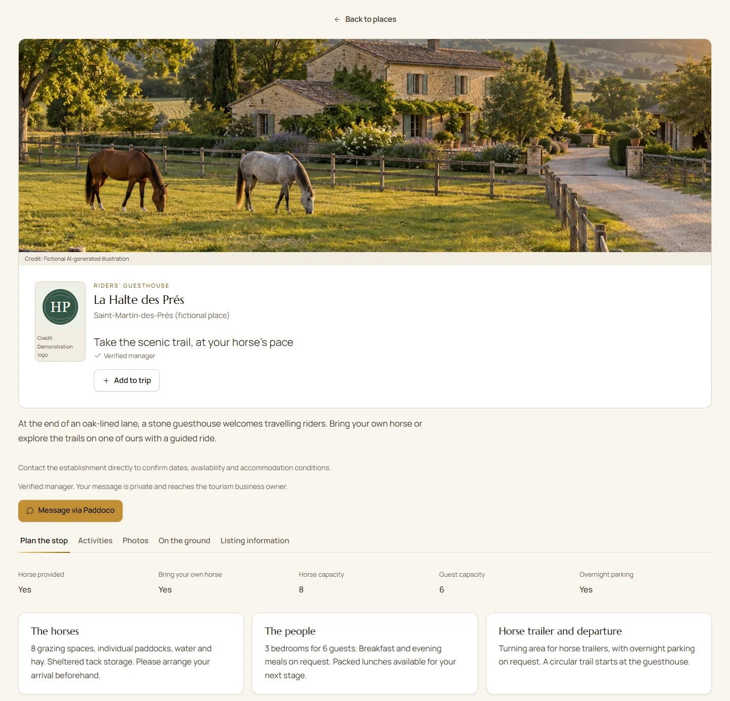 Fictional La Halte des Prés listing on desktop: cover photo, logo and accommodation for riders and horses.