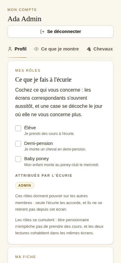 L'écran Mon compte de Paddoco : une liste de cases à cocher pour déclarer ses rôles, élève, demi-pension, baby poney, et en dessous les rôles attribués par l'écurie