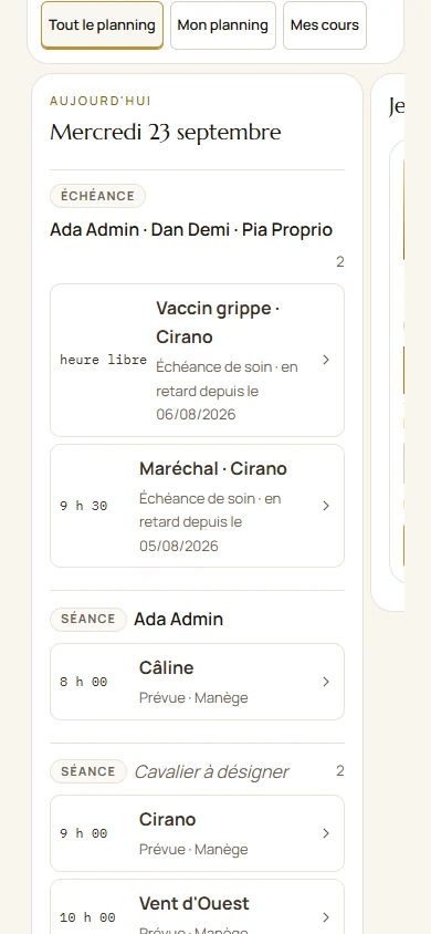 Le planning Paddoco et ses séances de la journée.