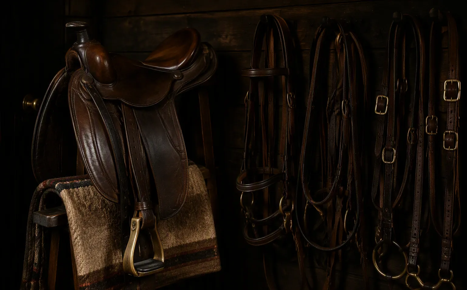 Selles et brides en cuir brun, boucles de laiton, accrochés au mur sombre d'une sellerie